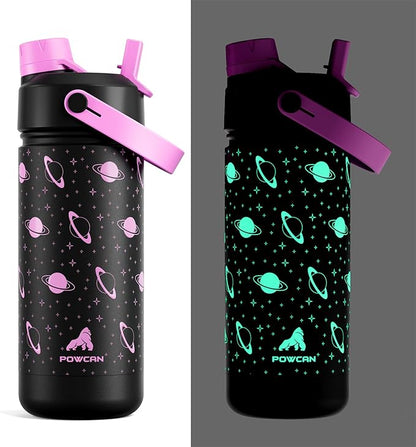 18 oz Kids Insulated Water Bottle: Glow-in-the-Dark, 2-in-1 Straw Spout Lid by POWCAN