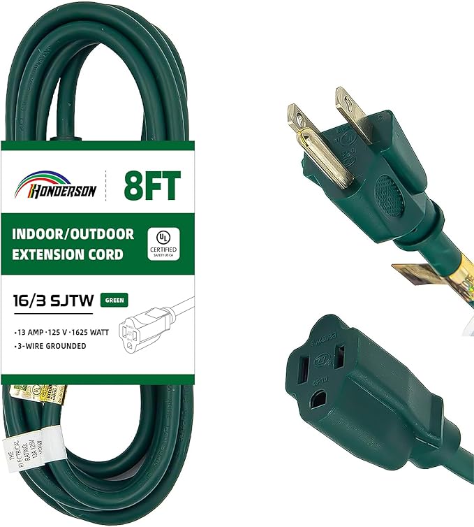 8FT Outdoor Extension Cord-16/3 SJTW Durable Green Extension Cable by HONDERSON