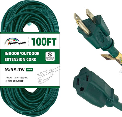 100FT Outdoor Extension Cord-16/3 SJTW Durable Green Extension Cable by HONDERSON