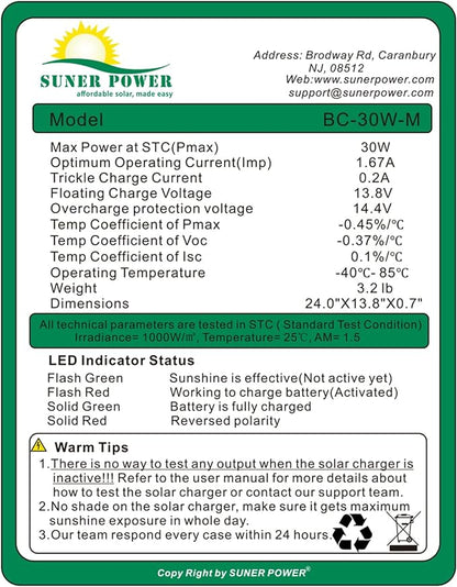 SUNER POWER 30W 12V Solar Battery Charger Maintainer, Built-in Smart MPPT - Image 7