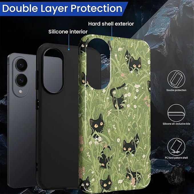 for Samsung Galaxy S25 Edge Case, HL2 Grass Cat Hybrid 2 Layer Hard Shell - Image 2