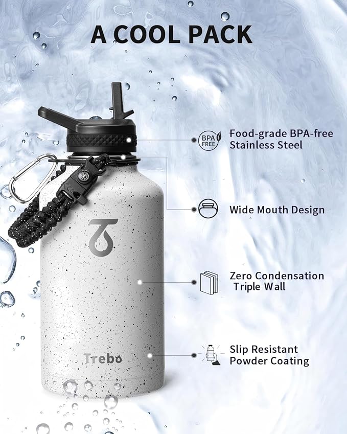 Trebo Water Bottle 64oz with Paracord Handle, Half Gallon Large Vacuum Triple - Image 6