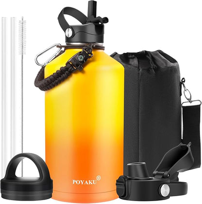 Water Bottle Insulated 32oz 40oz 64oz 128oz Straw Lid Spout Lid & 3 Lids by POYAKU
