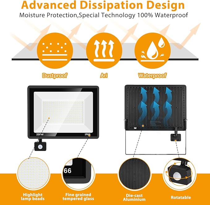 YANYCN 2 Pack 200W LED Motion Sensor Flood Light, Super Bright IP66 Waterproof - Image 3