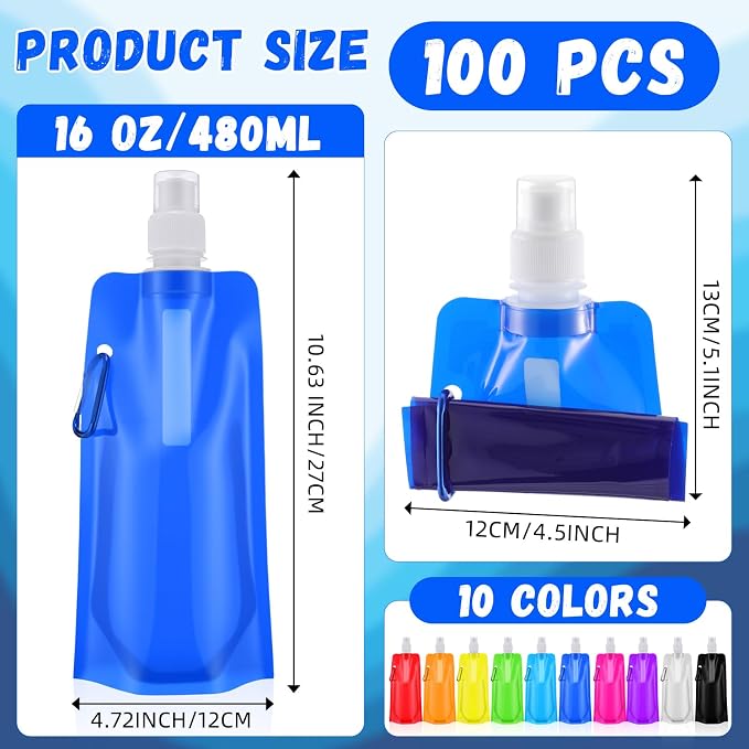 Teenyyou 100 Pack Collapsible Water Bottles Bulk 16oz Foldable Water Bottles - Image 2