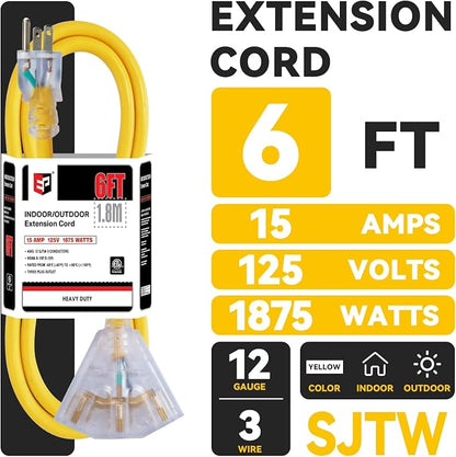 EP 6 Ft 12 Gauge Heavy Duty Extension Cord, 15A 125V 1875W, 3 Outlet - Image 2