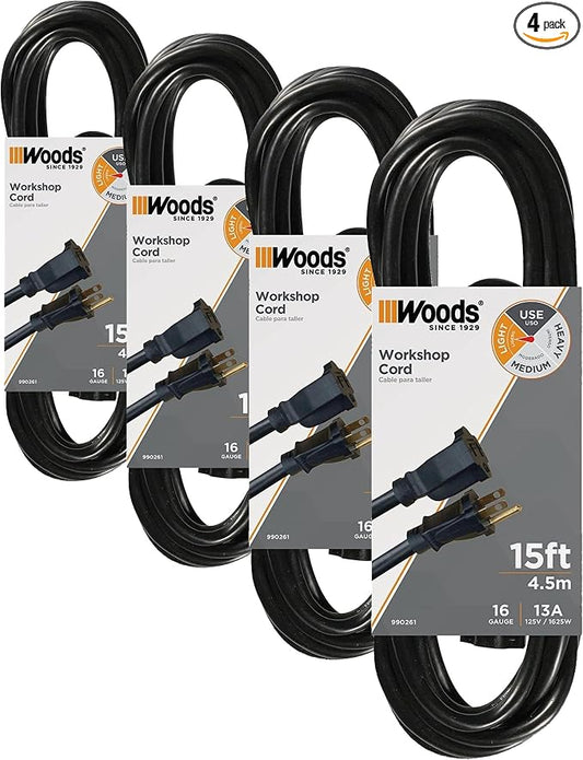 Woods Extension Cord | 15 Foot | Black | Pack of 4 by Woods