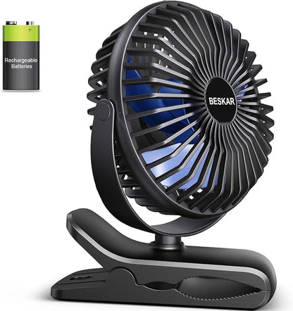 BESKAR Portable Clip on Fan Rechargeable, 4 Speeds Small Battery Operated Fans by BESKAR