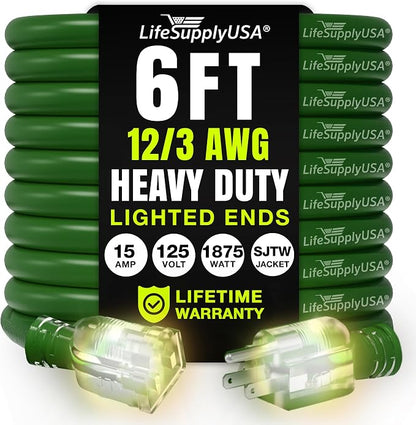 6ft Outdoor/Indoor Extension Cord 12/3 Gauge Extra Heavy Duty 3 Prong SJTW by LifeSupplyUSA