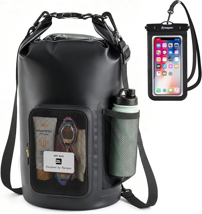 20L Waterproof Dry Bag with Bottle Holder & Mesh Pocket, 500D PVC Tarpaulin by Rynapac