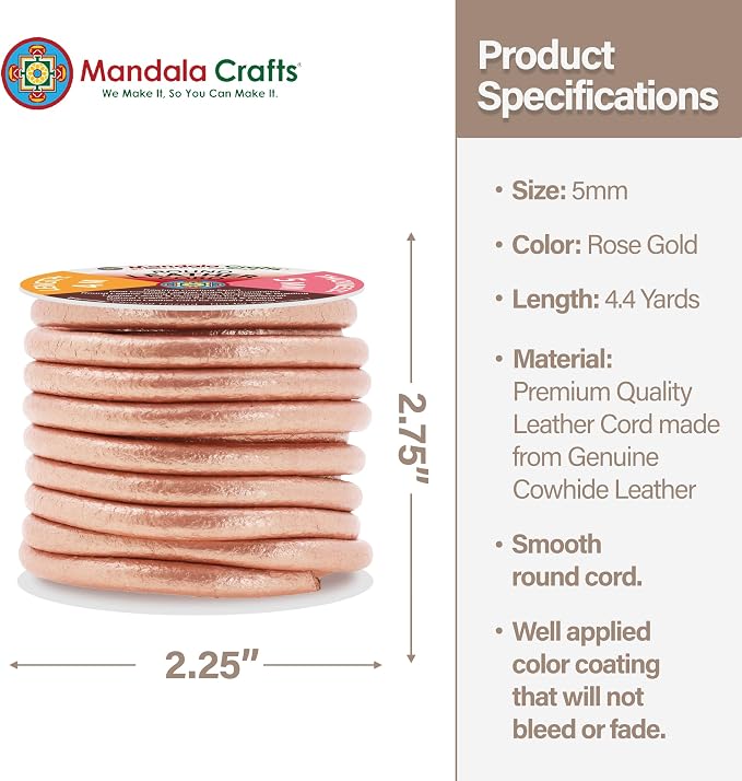 Mandala Crafts Round Genuine Rose Gold Leather Cord - Image 4