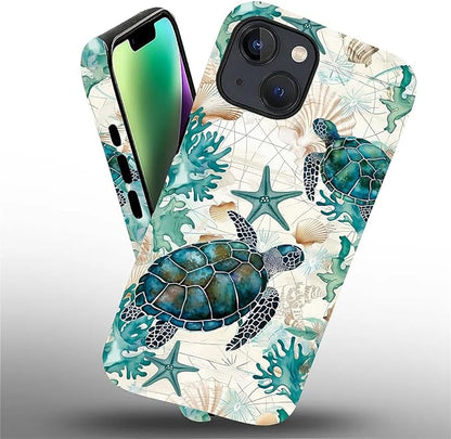 for iPhone 14 Plus Case, HH2 Ocean Sea Turtle Nautical Map Hybrid 2 Layer Hard - Image 2