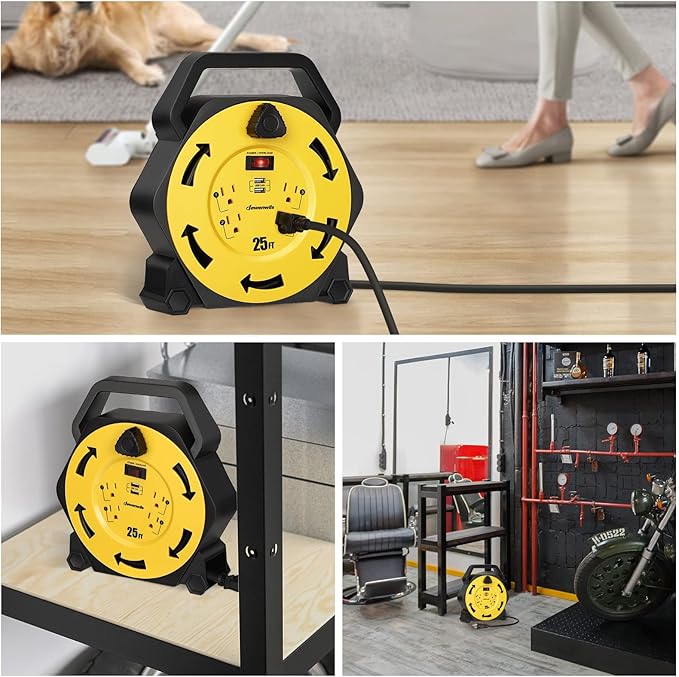 DEWENWILS Cord Reel with 4 Power Outlets, 2-USB Ports, 25FT Retractable - Image 6