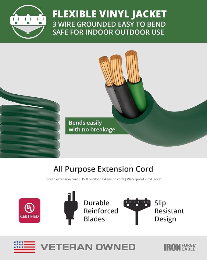 Iron Forge Cable 15ft Green Outdoor Extension Cord - Image 6