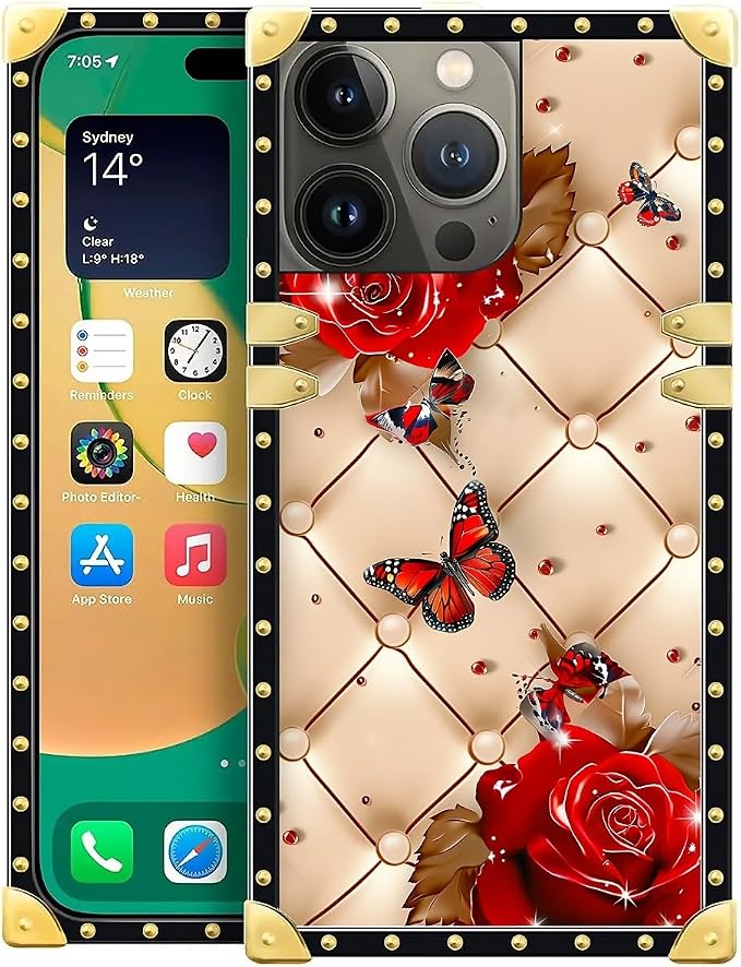 Compatible with iPhone 14 Pro Case, Shining Red Rose Butterfly Leather by Unknown
