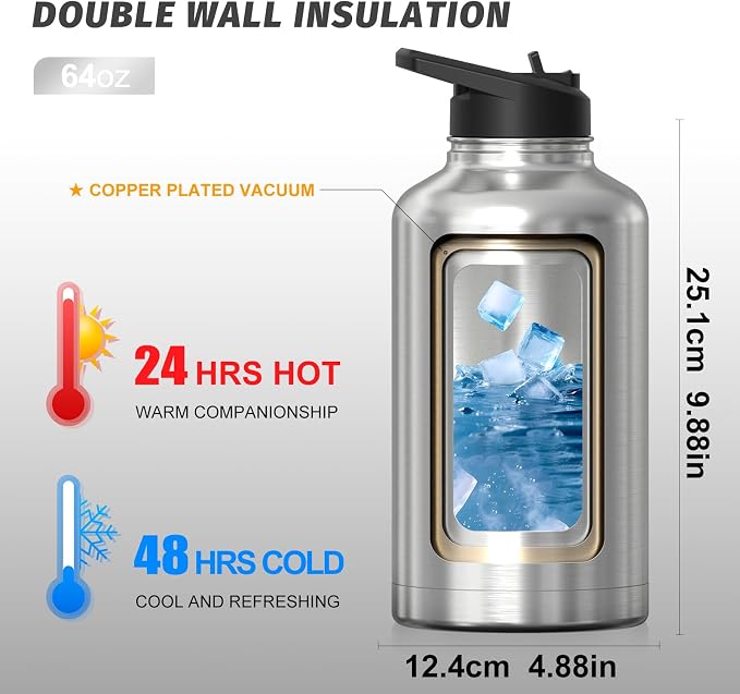 64oz Insulated Water Bottle, BPA Free&Leak Proof, Half Gallon Stainless Steel - Image 2