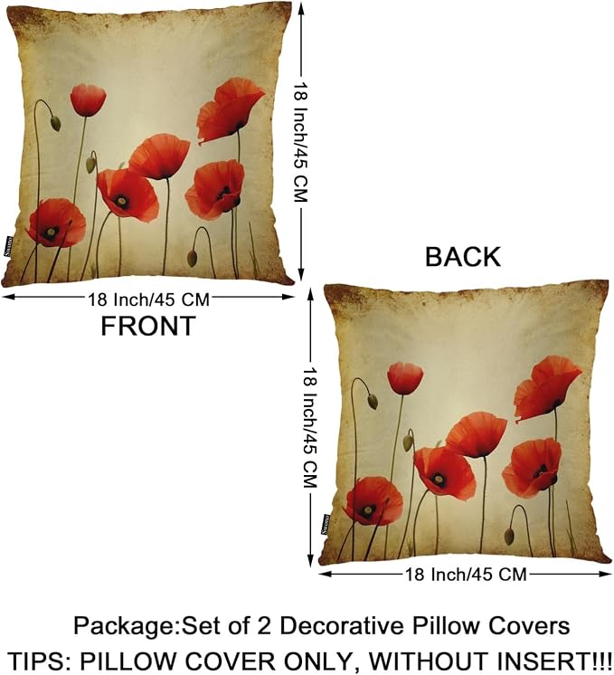 Swono Poppies Throw Pillow Cases, Grunge Poppy Flower Field Set of 2 Decorative - Image 6