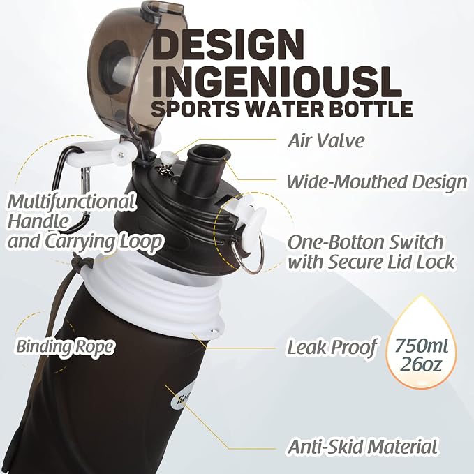 Kemier Collapsible Silicone Water Bottles-750ML, Medical Grade, BPA Free Travel - Image 4