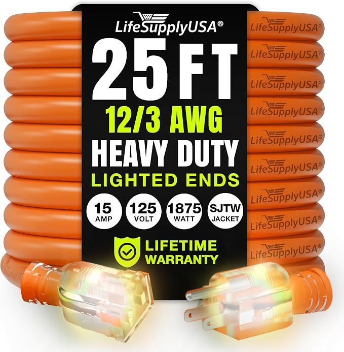 25ft Outdoor/Indoor Extension Cord 12/3 Gauge Extra Heavy Duty 3 Prong SJTW by LifeSupplyUSA