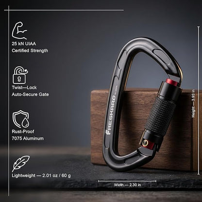 FresKaro UIAA Certified 25KN Auto Locking Climbing Carabiner Clips, Twist Lock - Image 2