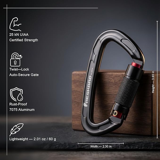 FresKaro UIAA Certified 25KN Auto Locking Climbing Carabiner Clips, Twist Lock - Image 2