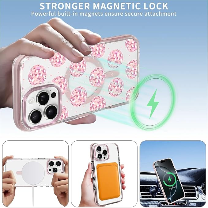 Case for iPhone 16 Pro Max, Disco Balls Pink Phone Case Design，for Women Girls - Image 3