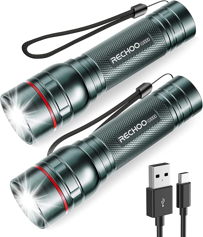 Rechargeable Flashlights High Lumens, G1000 Super Bright Flash Light 2 Pack by RECHOO