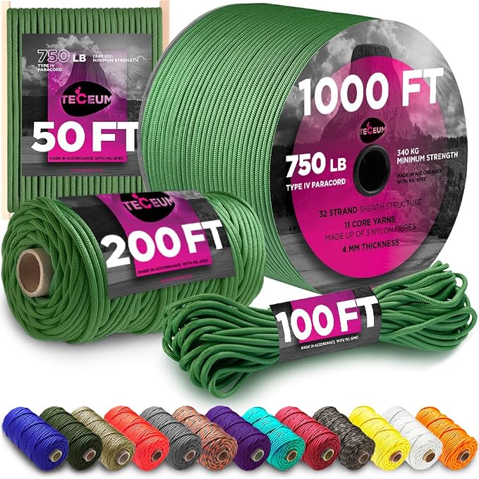 TECEUM 5/32" Paracord Rope 1000 – 1000ft / 200ft / 100ft / 50ft – Tactical by TECEUM
