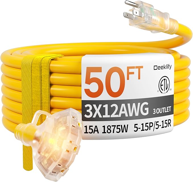 50 ft 12 Gauge Heavy Duty 3 Outlet Extension Cord Splitter by Deeklify
