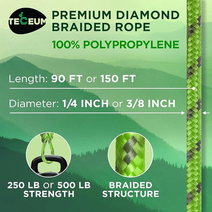TECEUM Rope – 150 Feet x 1/4 Inch – Green Gray – Strong All-Purpose Utility - Image 2