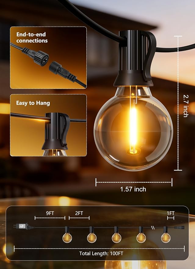 Brightown Outdoor String Lights, 100FT Shatterproof LED Patio Lights - Image 9