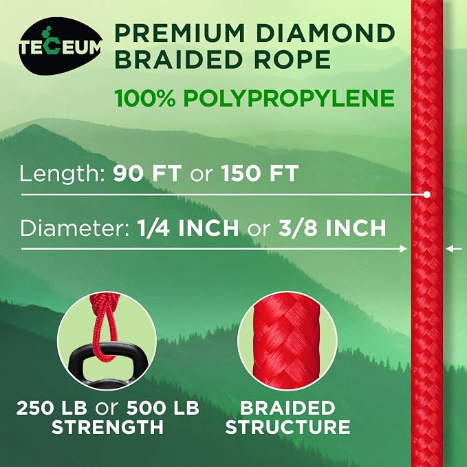 TECEUM Rope – 90 Feet x 1/4 Inch – Red – Strong All-Purpose Utility Rope – - Image 2