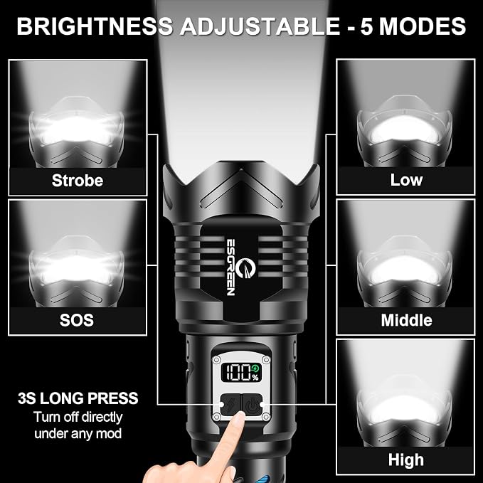 Super Bright Flashlight High Lumens 100000 Rechargeable, Strong 50W LED - Image 3
