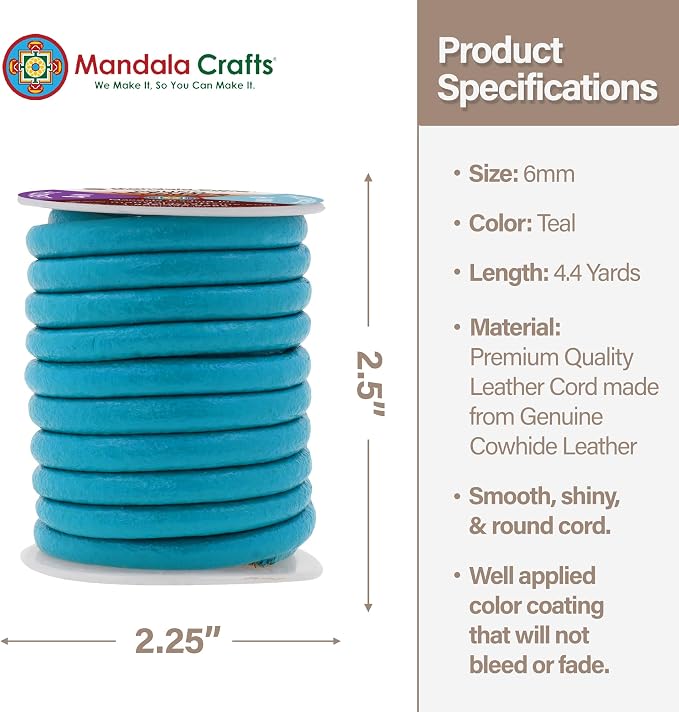 Mandala Crafts Round Genuine Teal Leather Cord - Image 4