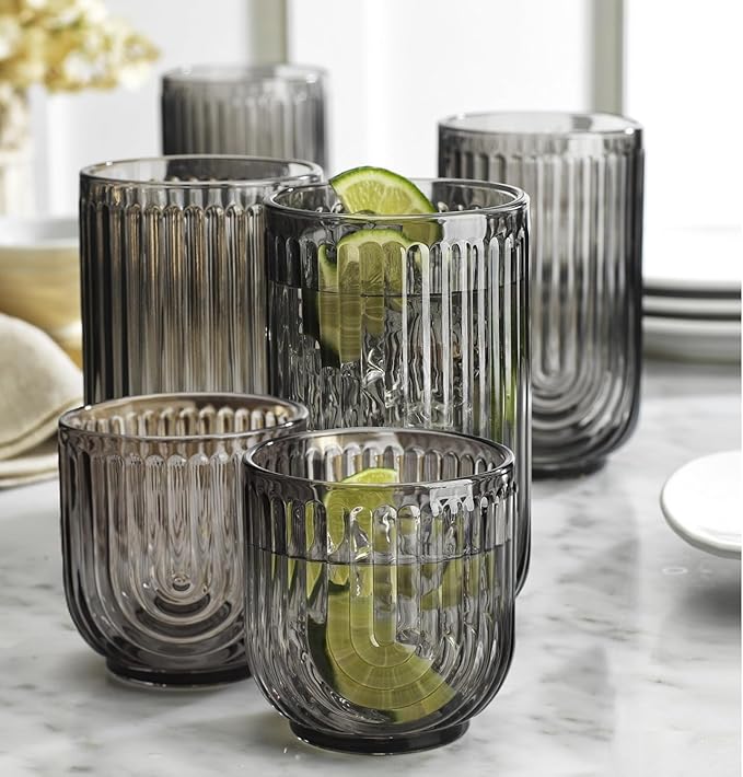 16 Piece Smoke Glassware Set, Art Deco Black Drinking Glasses, Ribbed U-Shape - Image 3
