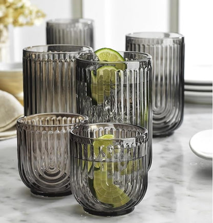 16 Piece Smoke Glassware Set, Art Deco Black Drinking Glasses, Ribbed U-Shape - Image 3