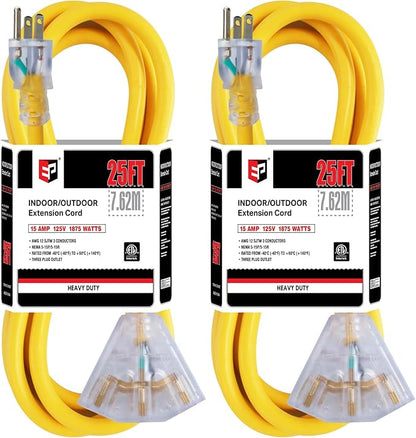 EP 2 Pack 25 Ft 12 Gauge Heavy Duty Extension Cord, 15A 125V 1875W, 3 Outlet by ENERGYPRO