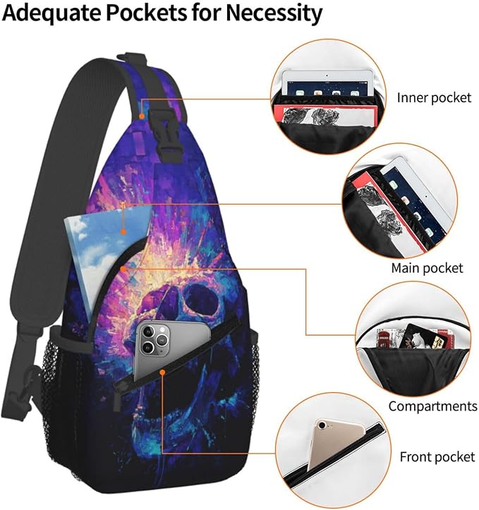 Trippy Skull Sling Bag Crossbody Travel Hiking Chest Backpack Shoulder Daypack - Image 4