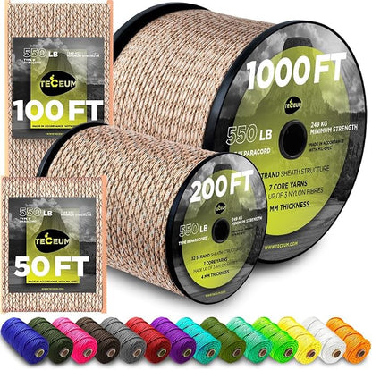 TECEUM 5/32" Paracord Rope 1000 – 1000ft / 200ft / 100ft / 50ft – Tactical by TECEUM