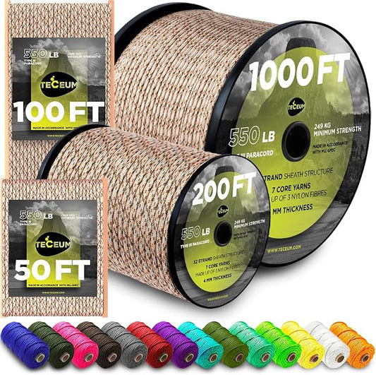 TECEUM 5/32" Paracord Rope 1000 – 1000ft / 200ft / 100ft / 50ft – Tactical by TECEUM