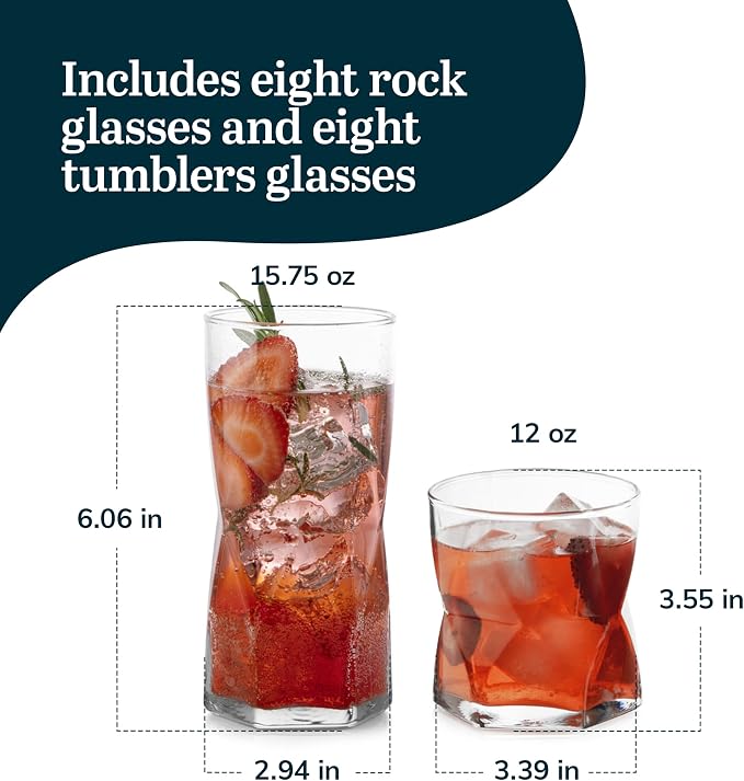 Libbey Rhombus Tumbler and Rocks Drinking Glasses Set of 16, Fun Geometric - Image 3