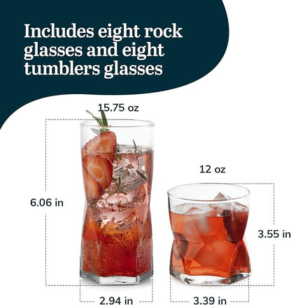 Libbey Rhombus Tumbler and Rocks Drinking Glasses Set of 16, Fun Geometric - Image 3