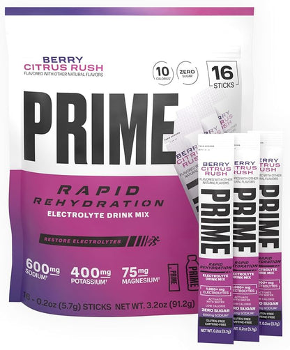 PRIME Rapid Rehydration Electrolyte Powder Sticks, Berry Citrus Rush, Sugar by DrinkPrime
