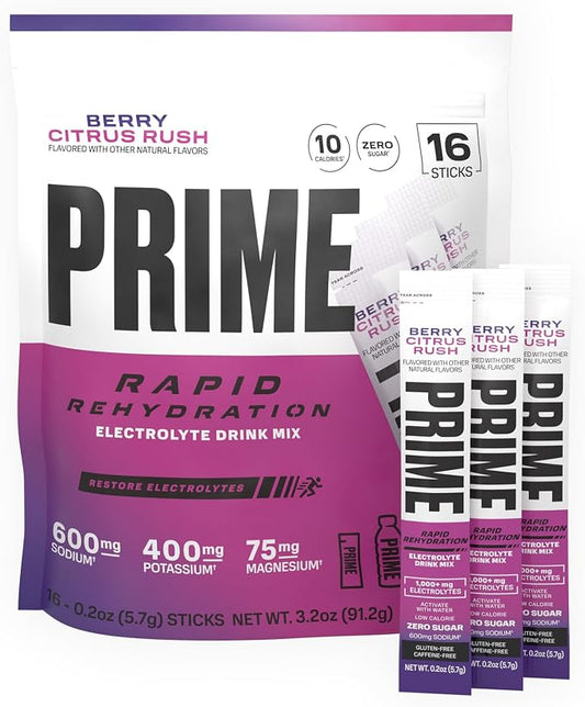 PRIME Rapid Rehydration Electrolyte Powder Sticks, Berry Citrus Rush, Sugar by DrinkPrime