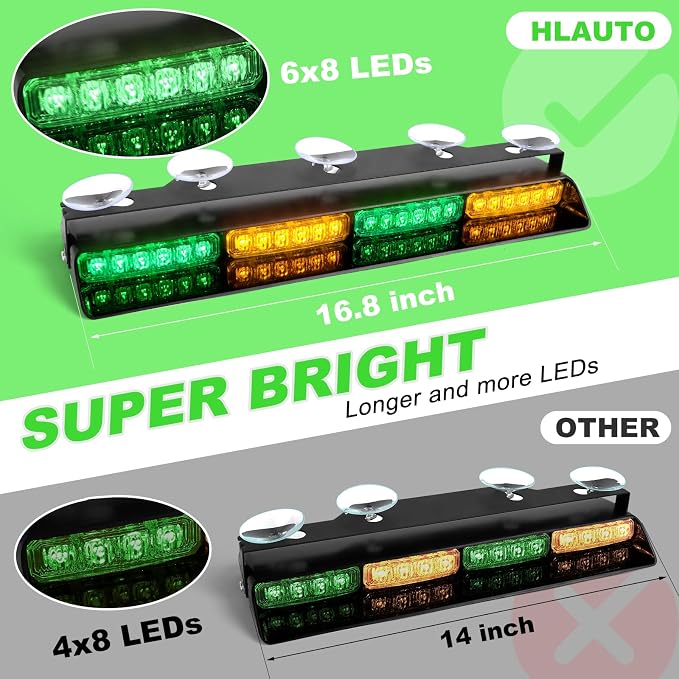 HLauto 6Z4J Emergency Dash Strobe Lights: 2x16.8 inch Green Amber Safety Lights - Image 2
