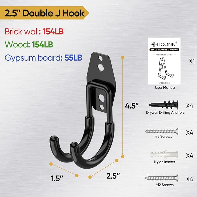 TICONN 2 Pack Heavy Duty Garage Hooks, Steel Utility Wall Storage Hooks - Image 4