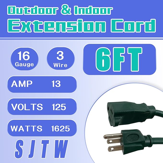 Indoor Outdoor Extension Cord 6 FT, 16/3 SJTW Weatherproof Green Electrical - Image 2