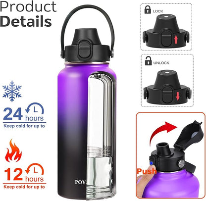 Water Bottle Insulated 32oz 40oz 64oz 128oz Straw Lid Spout Lid & 3 Lids - Image 3