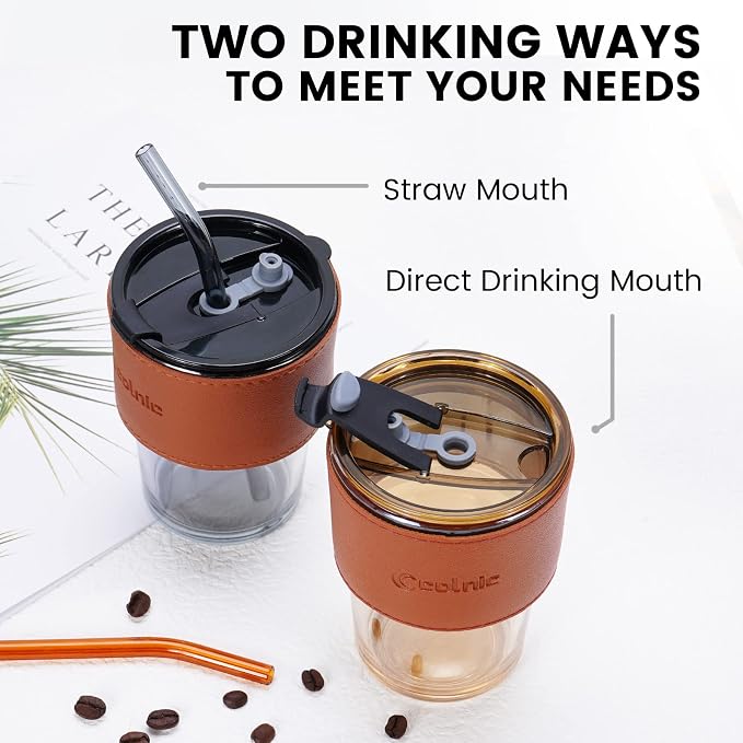 2 PCS Iced Coffee Cups with Lids, 15Oz/450ml Glass Cups With Lids and Straws - Image 4