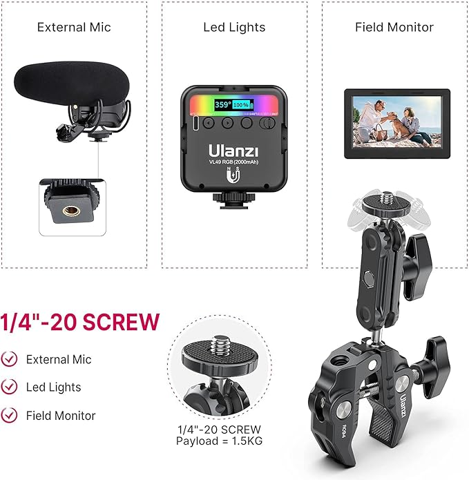 ULANZI Super Clamp Camera Clamp Mount Monitor 360° Ballhead Magic Arm Double - Image 8